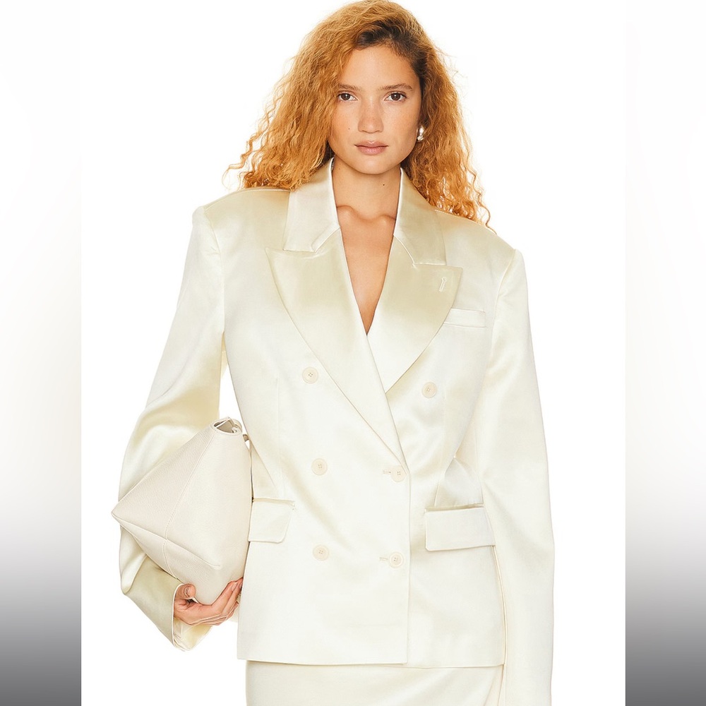 Helsa REVOLVE Heavy Satin Double Breasted Jacket in Ivory Bone